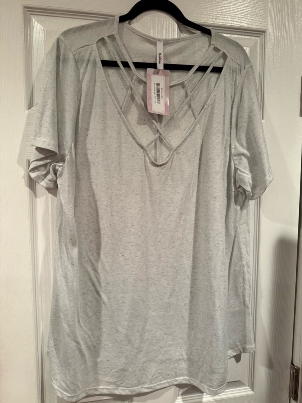 Crisscross V-Neck Short Sleeve Tee in Light Gray